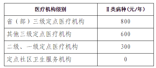 在一个医疗年度内，Ⅰ类病种不设起付标准，Ⅱ类病种各定点医疗机构执行以下起付标准